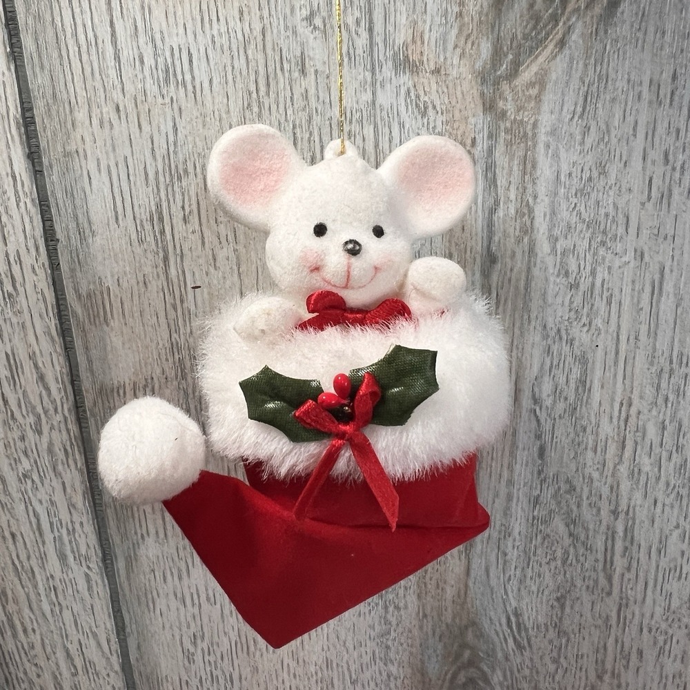 MOUSE INSIDE STOCKING Vintage 1970's Flocked Christmas Tree Ornament Avon